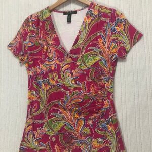 Lauren Ralph Lauren‎ Paisley Print V-Neck Top Ruched Detail Pink Women's Size M